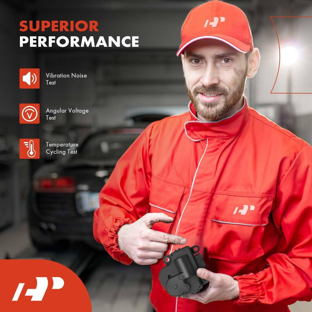 Technician in red jacket holding black blend door actuator replacement