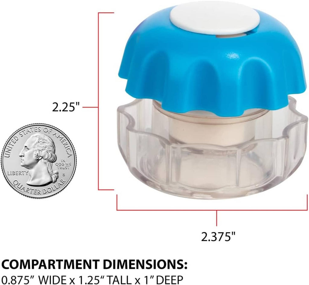 Blue and clear pill crusher with white top cap, shown with size reference.
