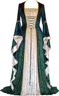 Women’s medieval style long dress with lace-up corset bodice, green sleeves, cream skirt