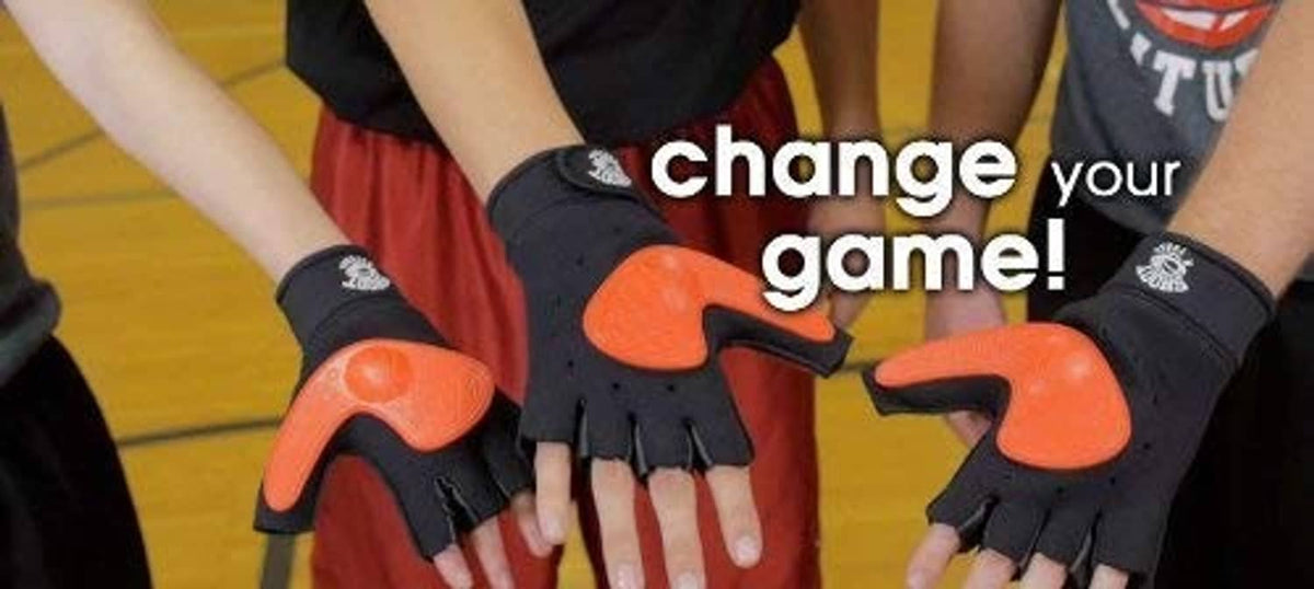 Black fingerless shooting glove with orange grip pads on both hands