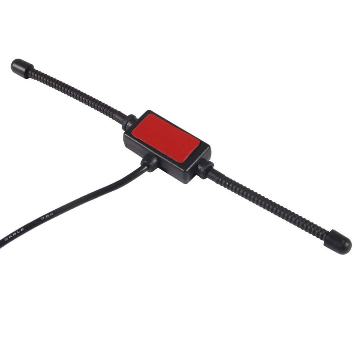 AM/FM dipole antenna with black adapter and red-striped inline module, coax lead