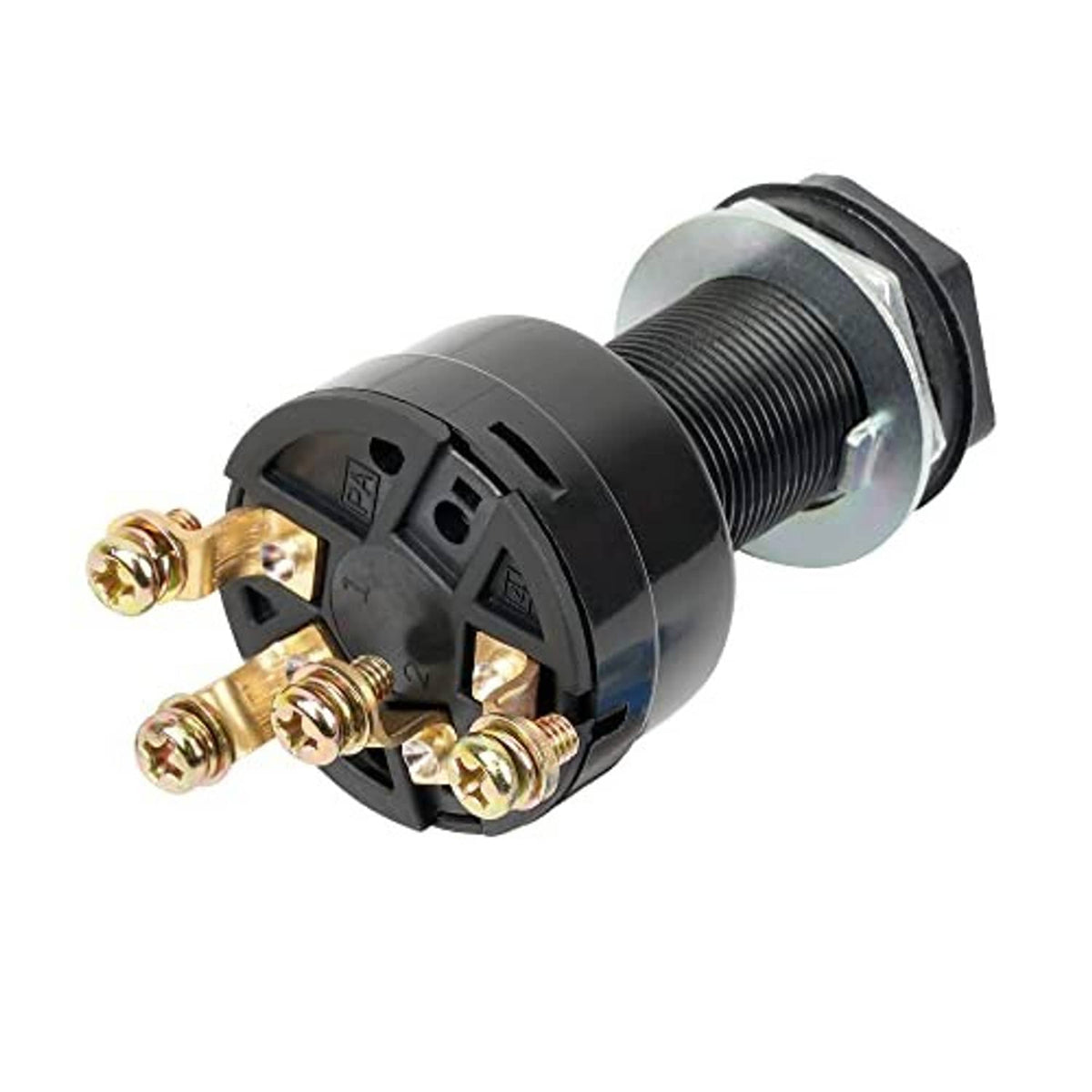 12V ignition key switch close-up, black circular terminals and key cylinder view