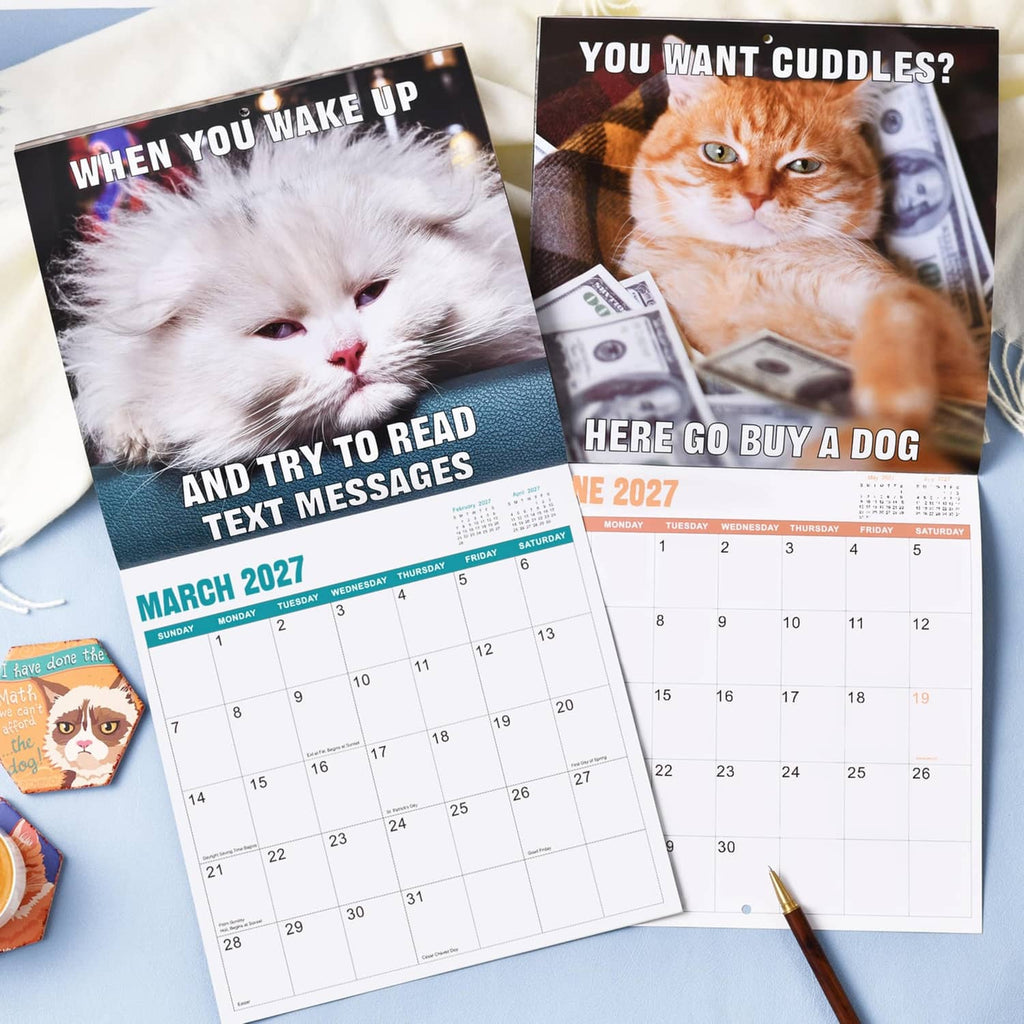 Two cat meme wall calendar pages: March 2027 and June 2027 grids