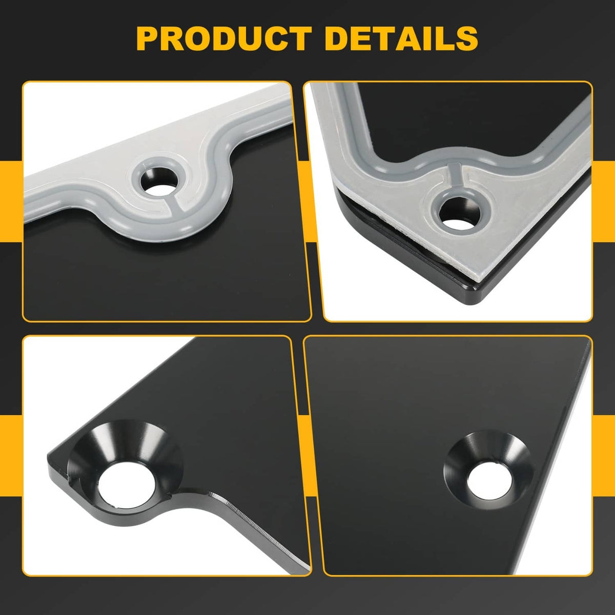 Corner close-up of black valley cover plate with gasket flange and bolt holes