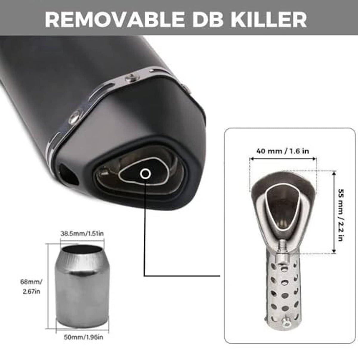 Removable DB killer exhaust muffler with cutaway view and 40mm outlet measurement