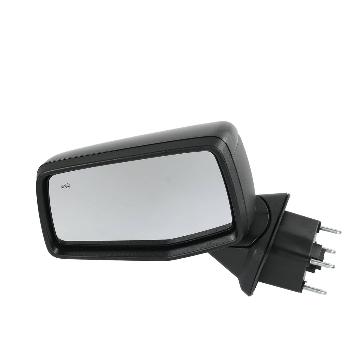 Black exterior side mirror with clear glass, angled view and three-prong power mount