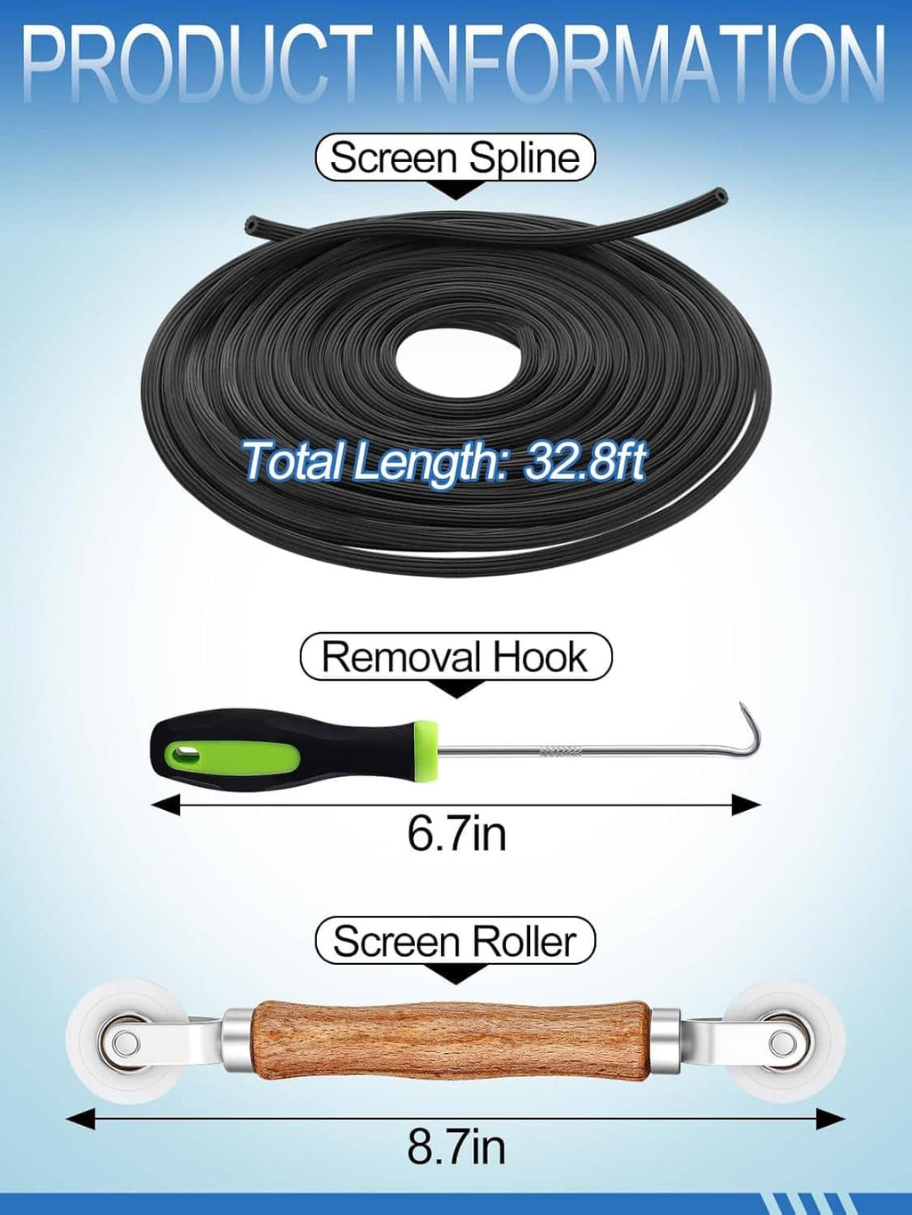 Screen repair kit layout: black screen spline coil, green removal hook, and wood screen roller
