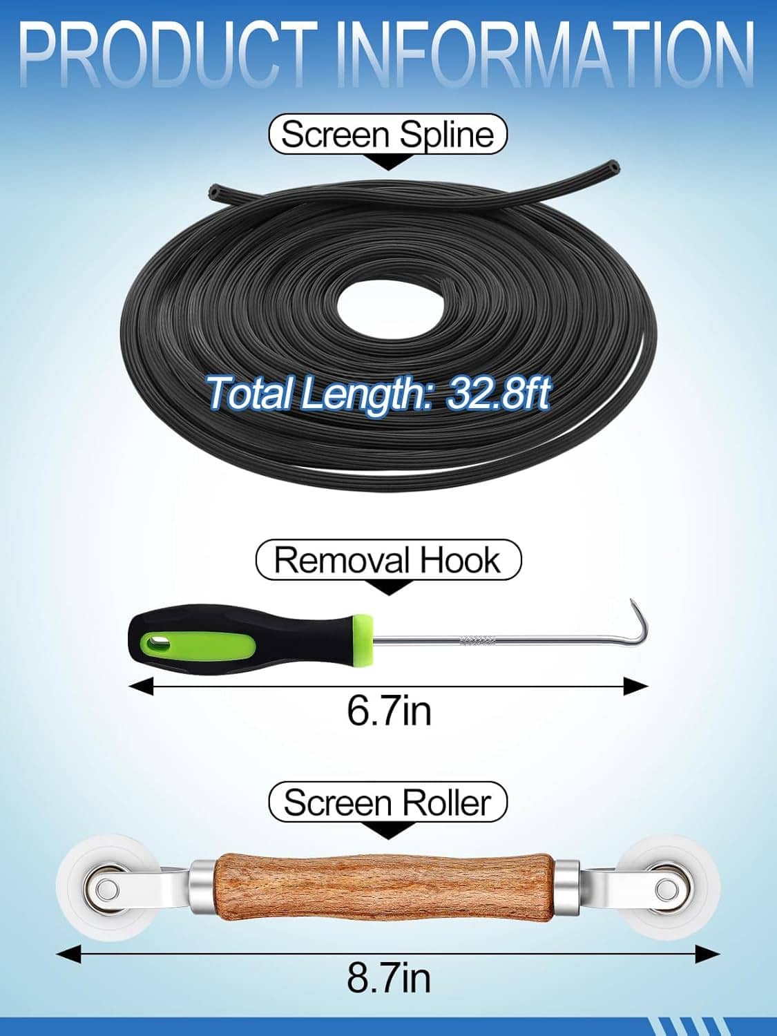 Screen repair kit layout: black screen spline coil, green removal hook, and wood screen roller