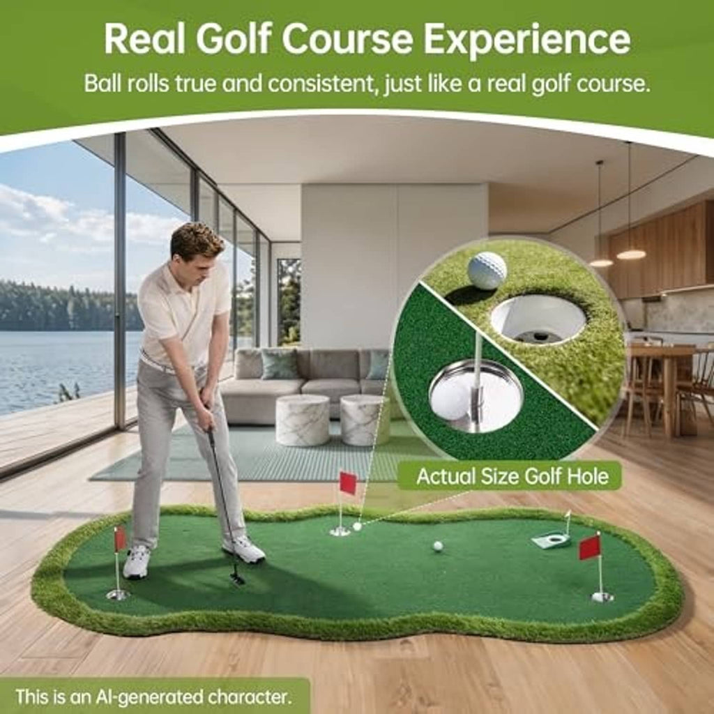 Green putting practice mat with metal hole cup and red flag marker