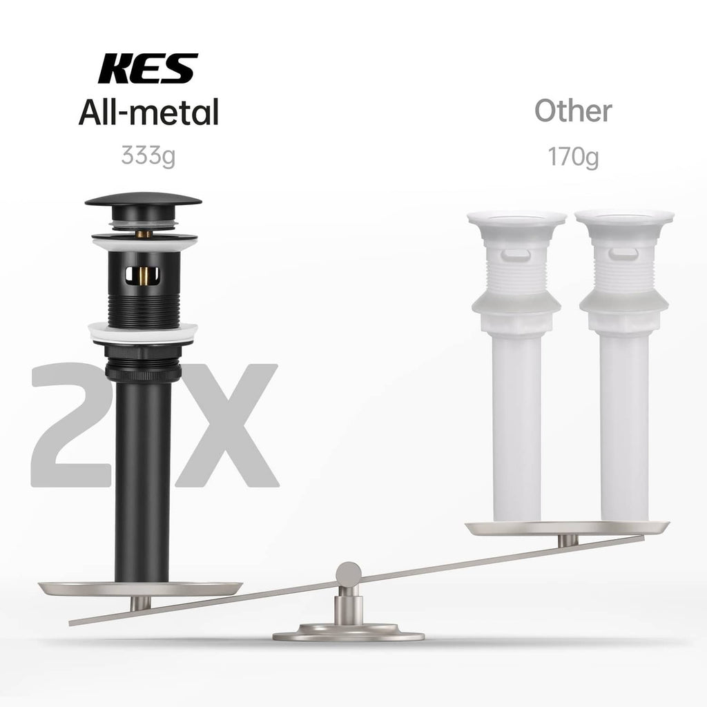 KES all-metal pop-up sink drain in matte black with overflow housing