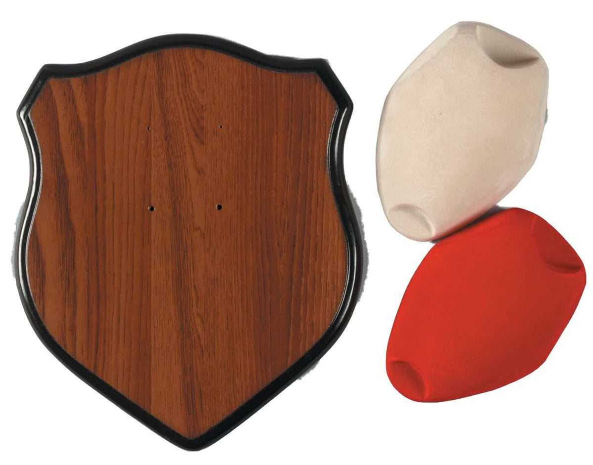 Deer antler mounting kit with wooden shield plaque, red cap, and cream mount pad