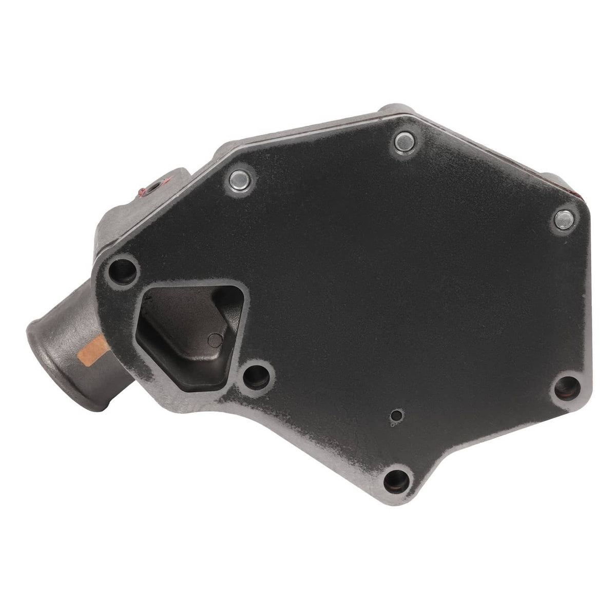 Water pump housing assembly with black cover plate and gray metal body, mounting bolts