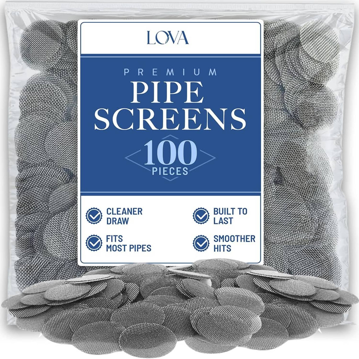 100-pack stainless steel pipe screens, round gray mesh discs in sealed bag.