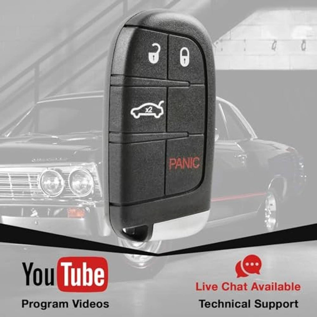 Black 4-button car key fob remote, front view with key ring at bottom