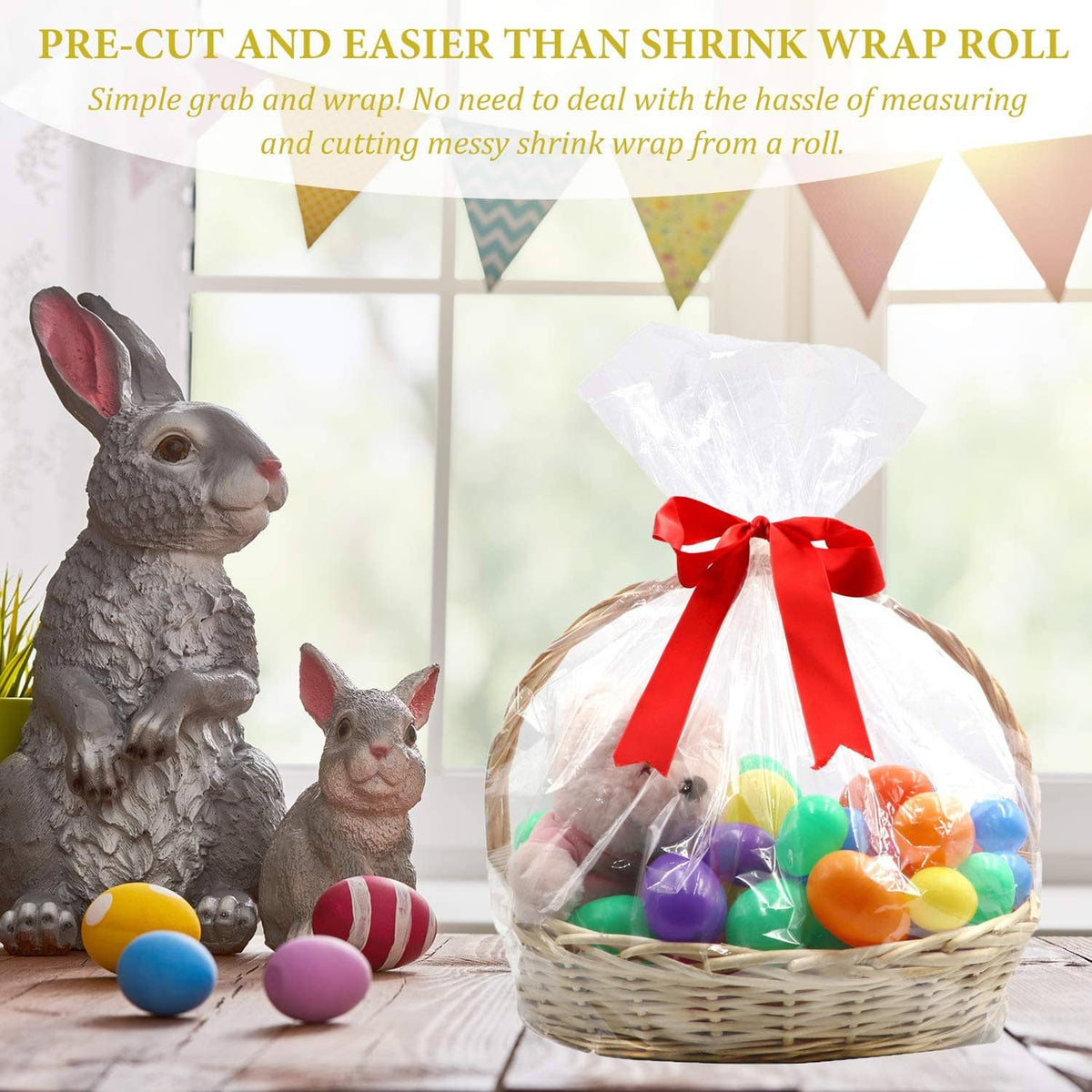 Clear pre-cut shrink wrap bag over gift basket, tied with red ribbon