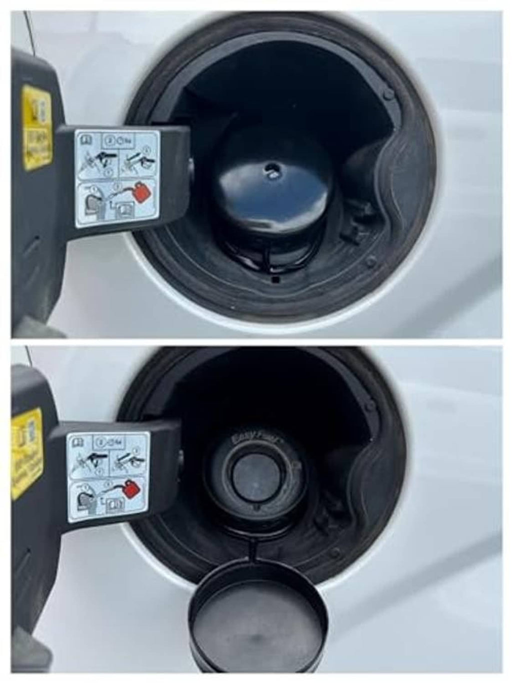 Fuel filler opening with tethered capless dirt and water cover, close-up view