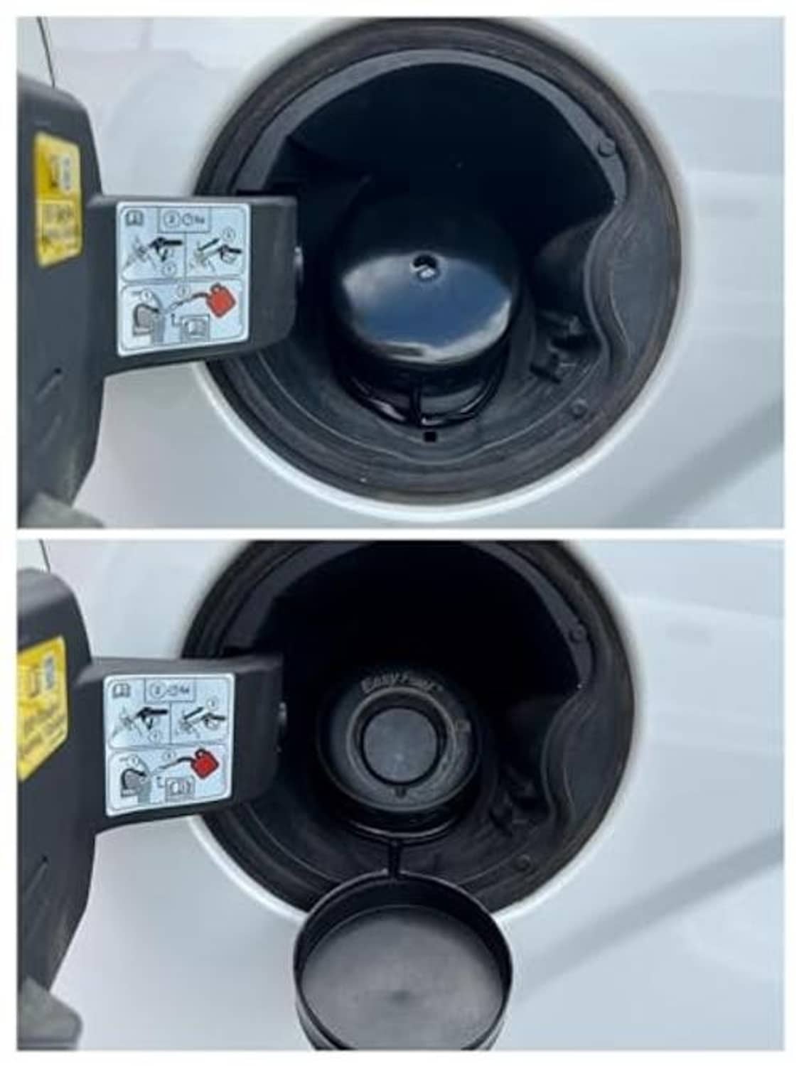 Fuel filler opening with tethered capless dirt and water cover, close-up view