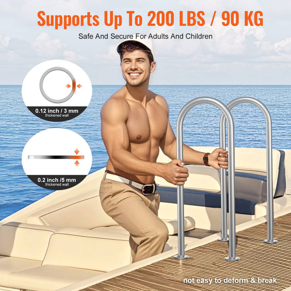 Pair of curved aluminum handrails with base plates, silver-gray finish on dock seating