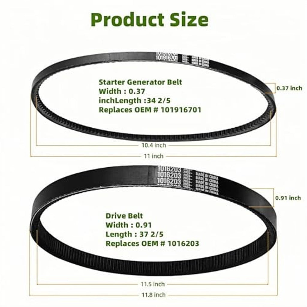 Pair of black V-belts with printed part numbers and size measurements