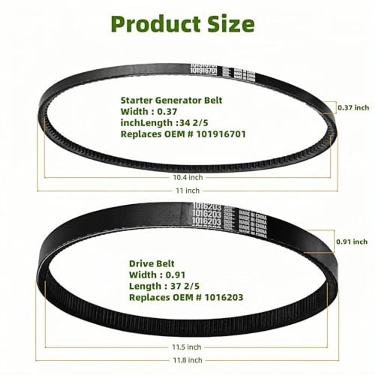 Pair of black V-belts with printed part numbers and size measurements