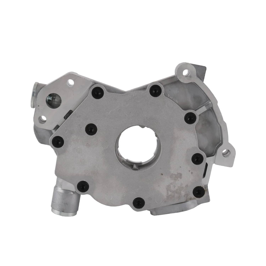 High volume oil pump housing with mounting holes and circular inlet port