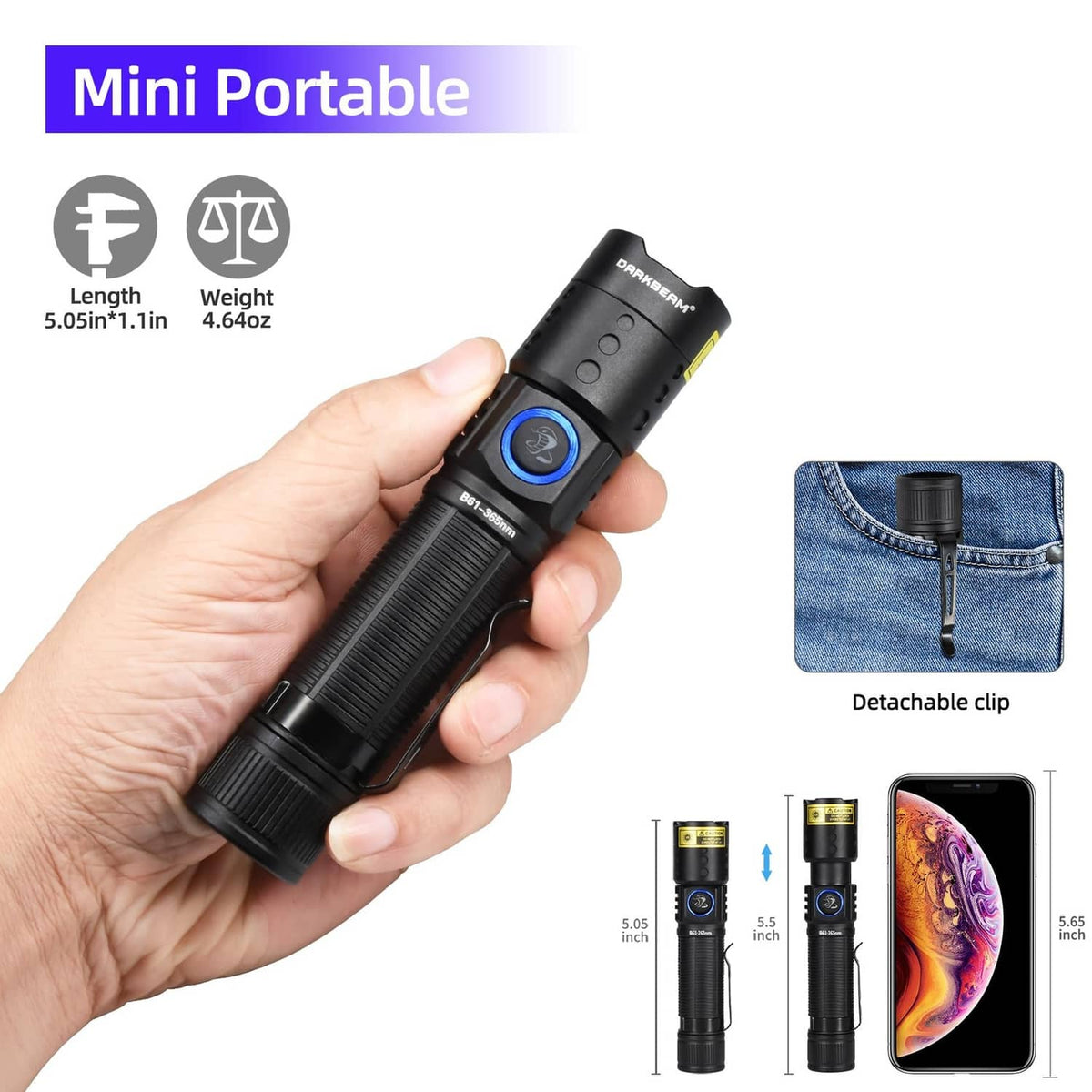 Mini portable black UV flashlight in hand with detachable clip