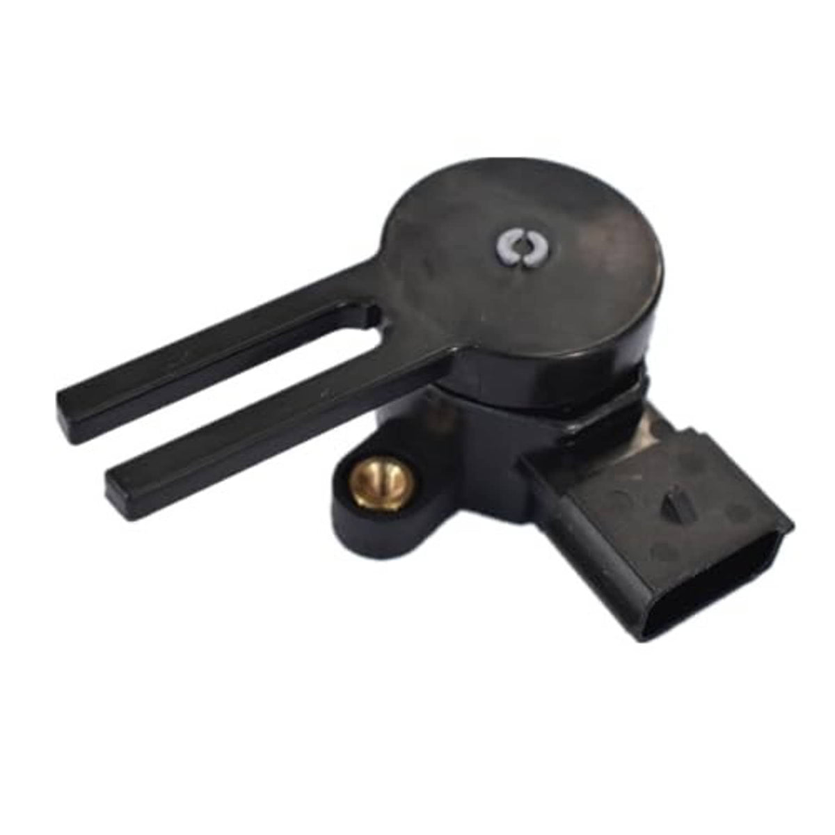 Brake pedal position sensor angled view, black plastic body with gold mounting screw