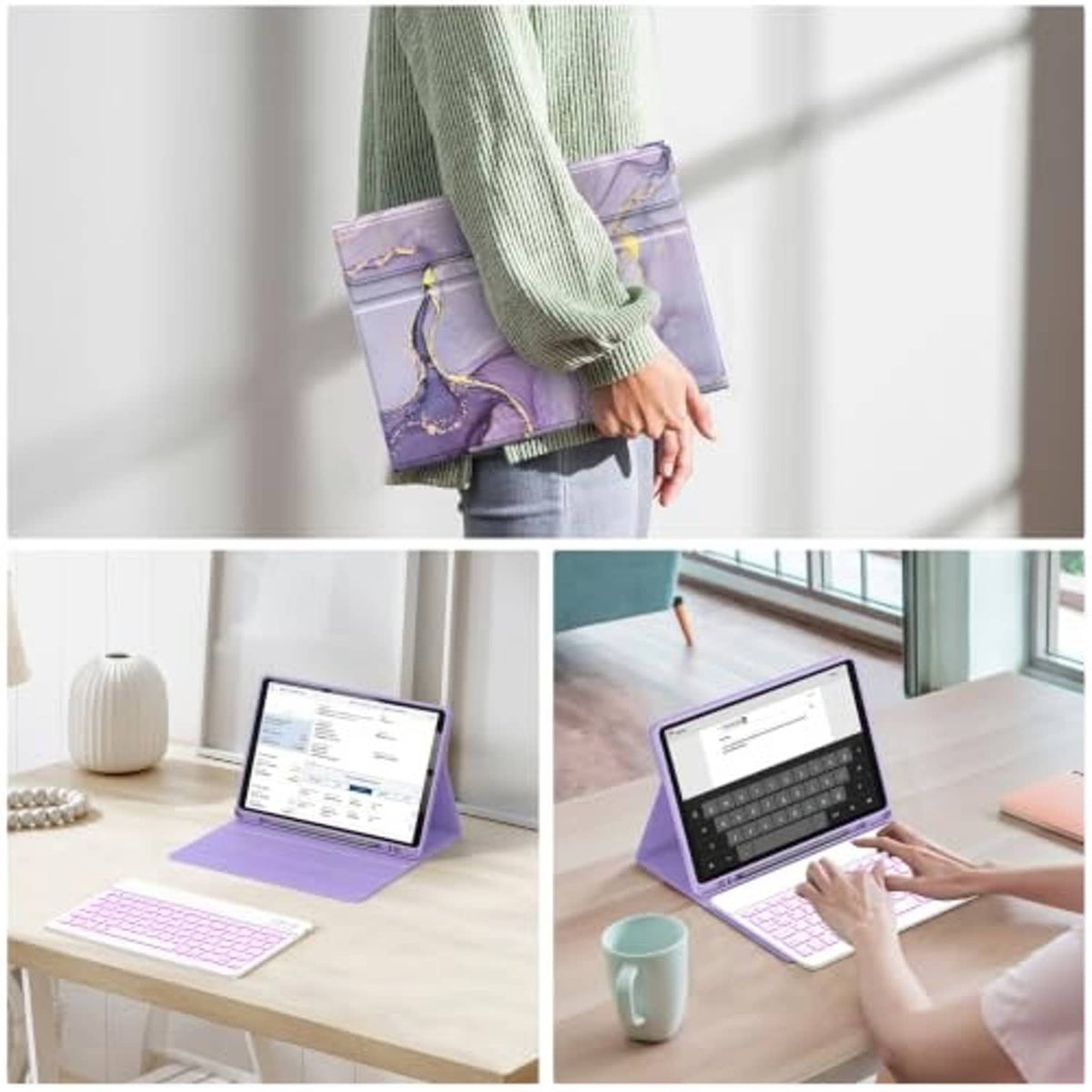 Violet marble tablet keyboard case held in hand with folio stand