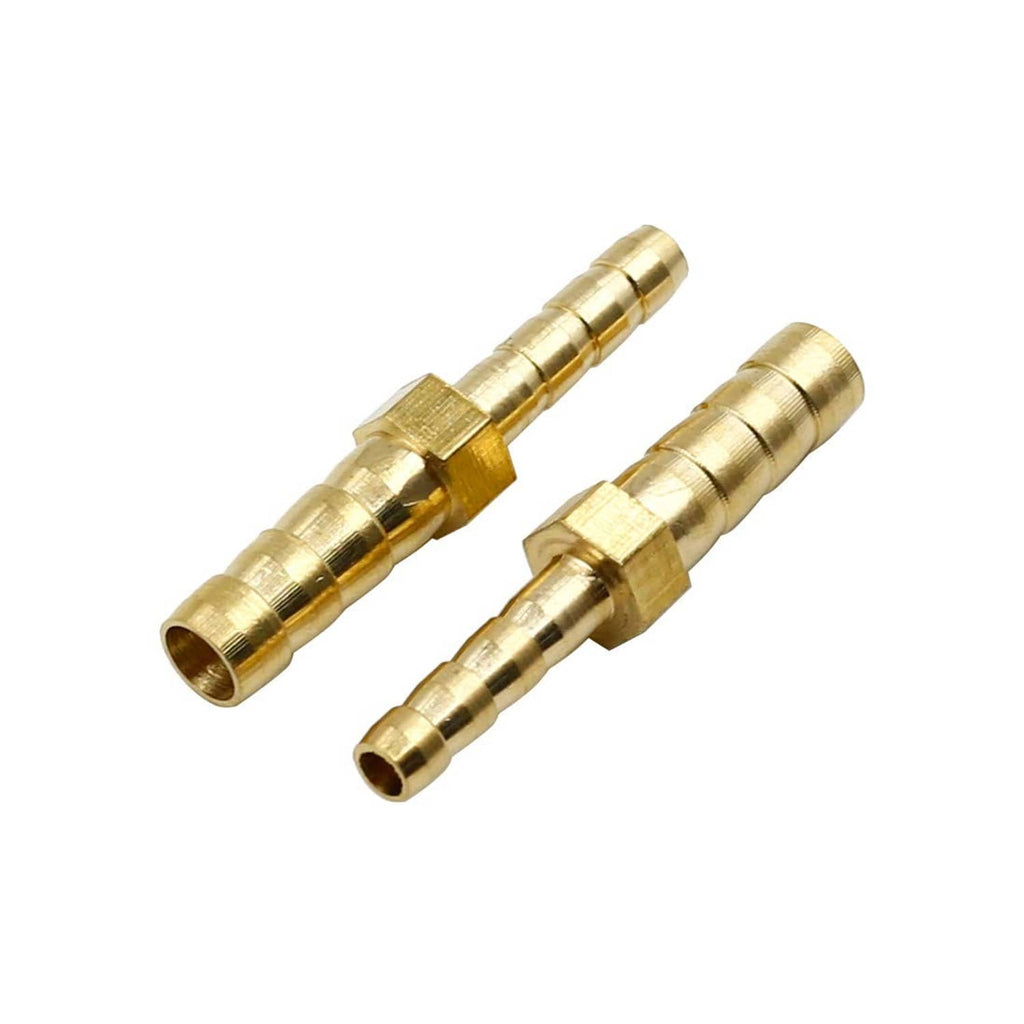 Brass hose barb connectors with barbed ends and hex coupling
