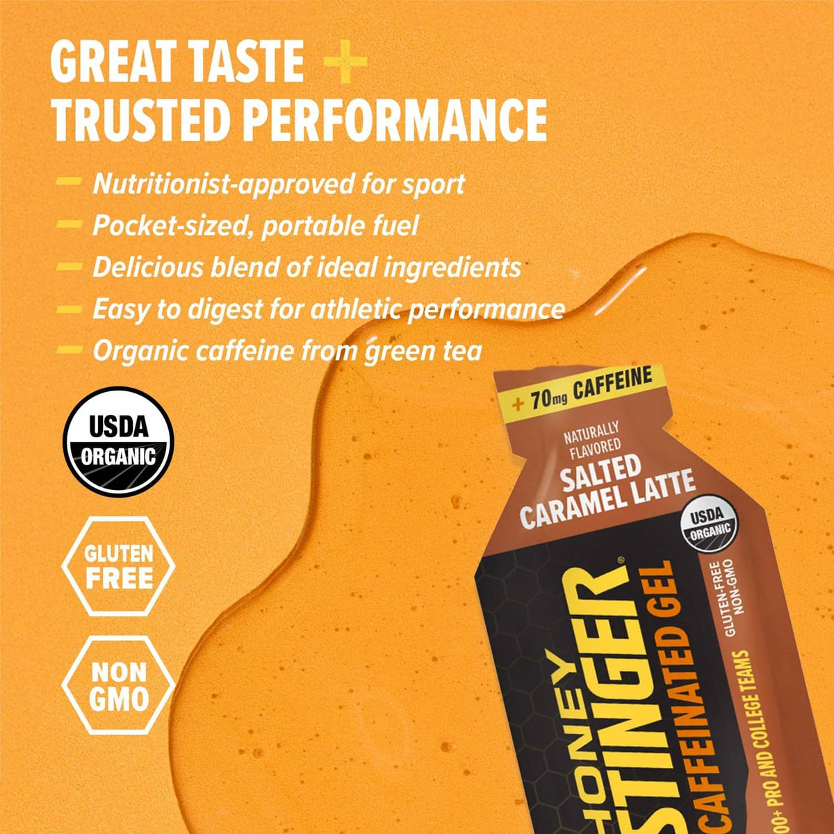 Honey Stinger salted caramel latte caffeinated gel pouch with USDA Organic and gluten-free
