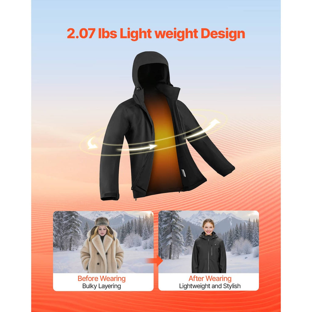 Black lightweight hooded heated jacket with warmth glow illustration on inner lining area.