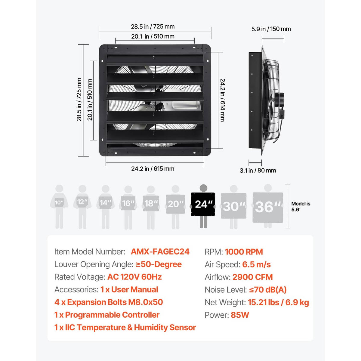 24-inch wall exhaust fan dimensions diagram with mounting details
