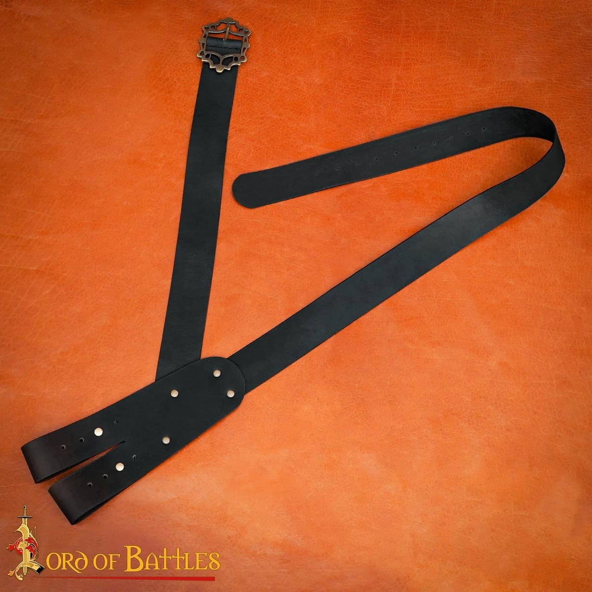 Black leather sword baldric with long strap and gold-studded end loop