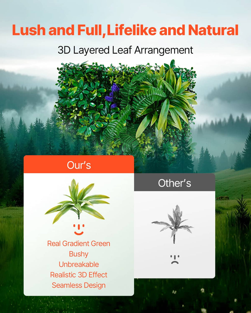 3D layered leaf artificial greenery wall panel with dense foliage and green tones