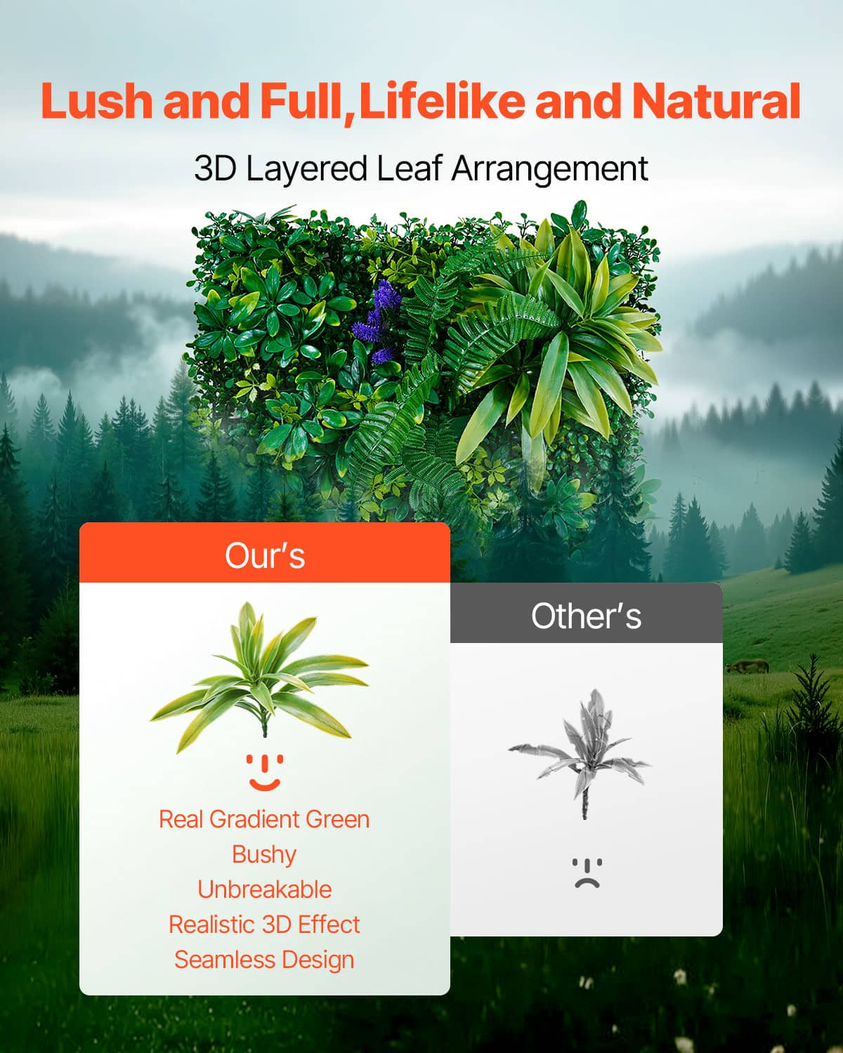 3D layered leaf artificial greenery wall panel with dense foliage and green tones