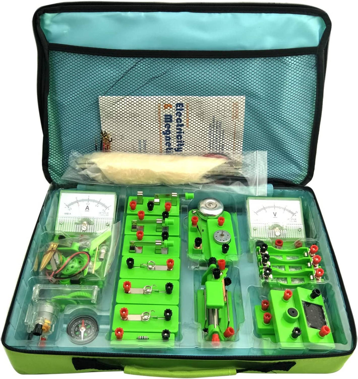 Electricity and magnetism experiment kit in open green case with compartments and meters