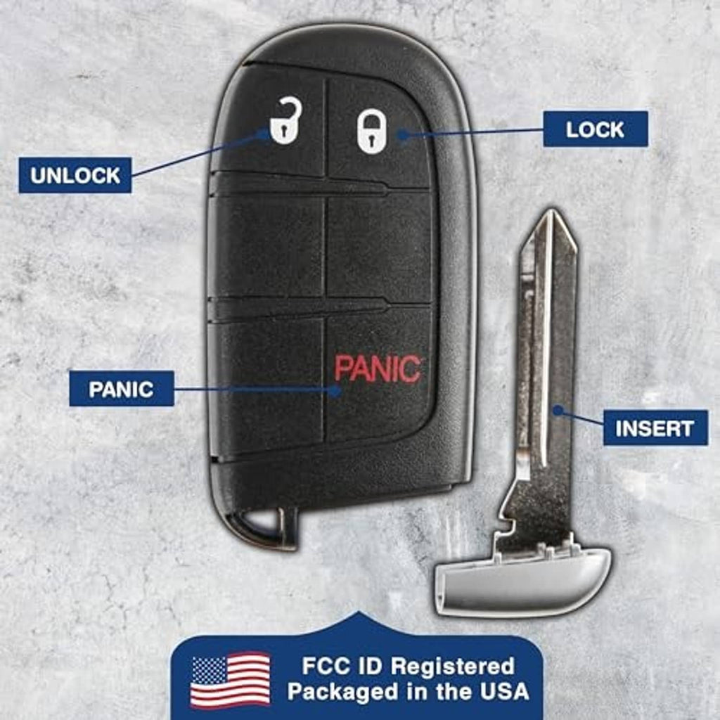 Black key fob remote with unlock, lock, and panic buttons; insertable metal key blade