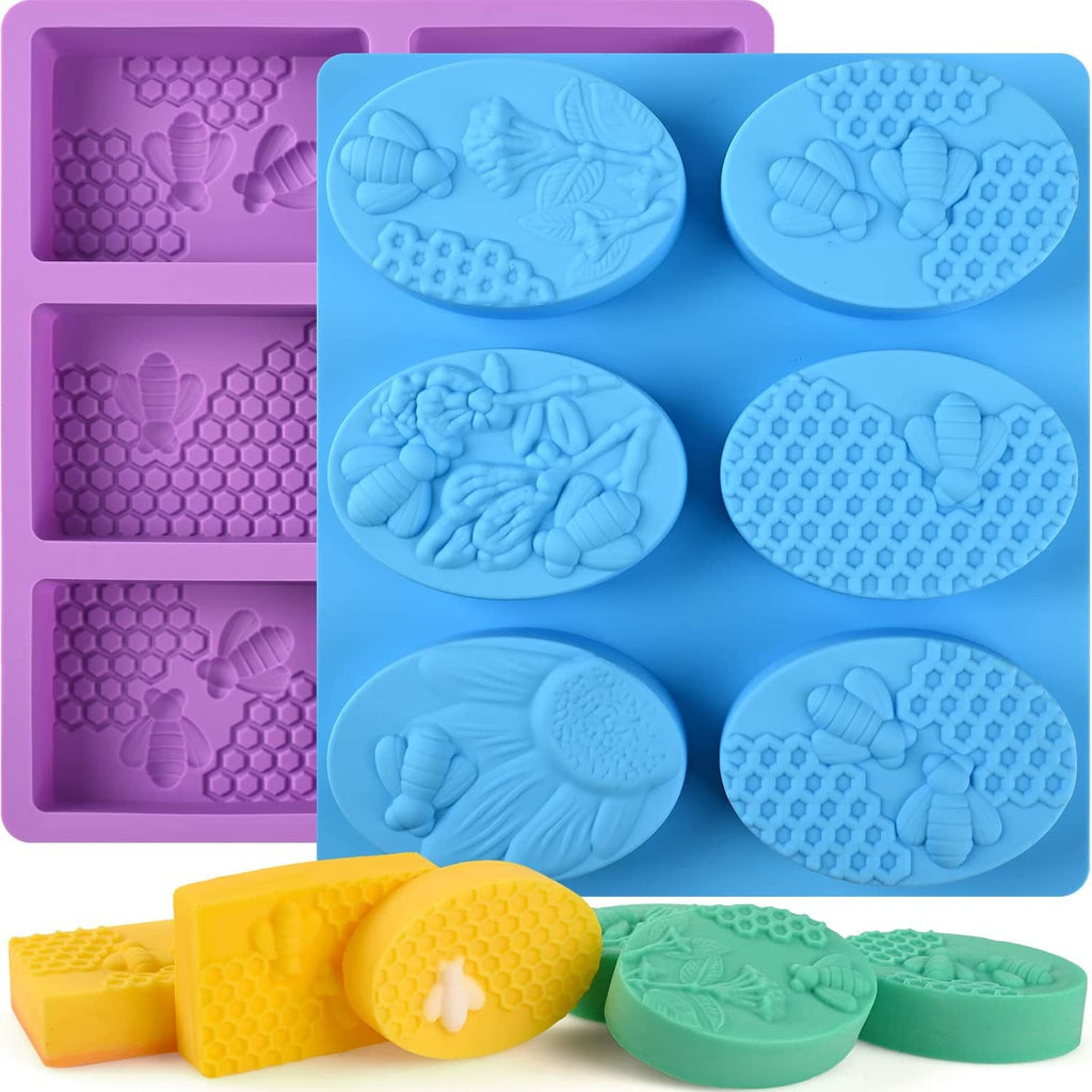 Honeycomb bee soap molds, rectangular and oval cavities in purple and blue silicone