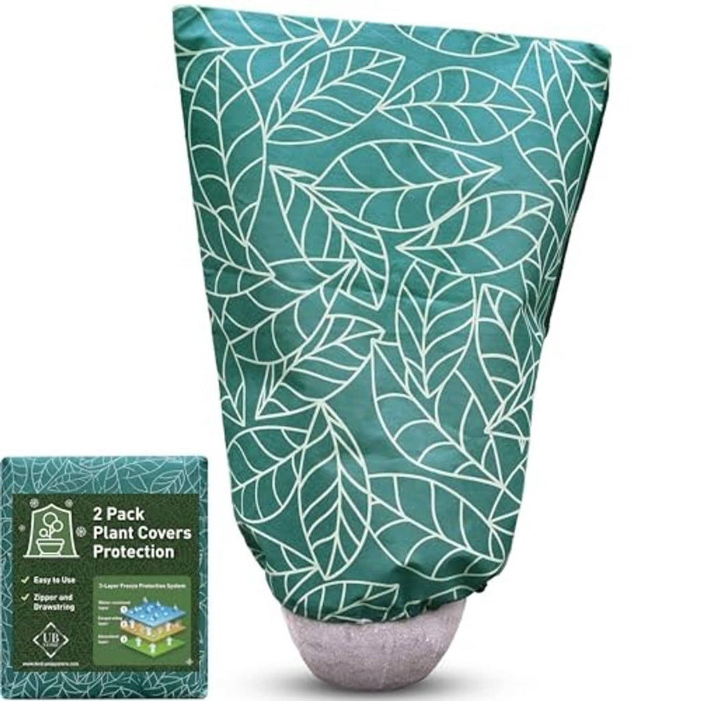 Green plant freeze protection cover with white leaf pattern, open base