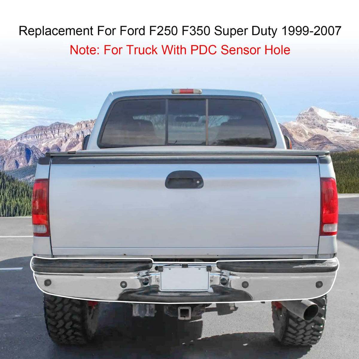 Rear step bumper installed on a pickup truck, chrome finish with black step surface