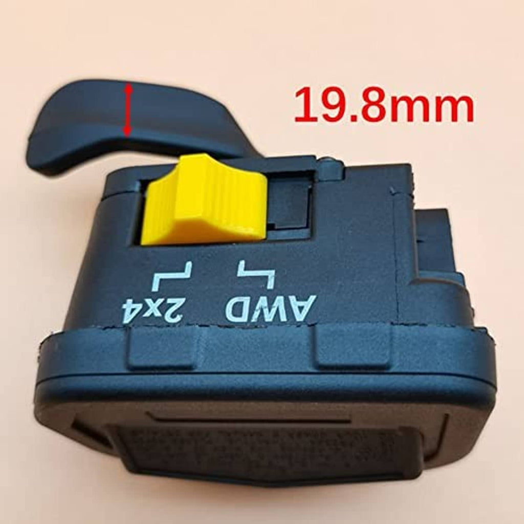 Thumb throttle lever with yellow actuator button on blue handle and black housing