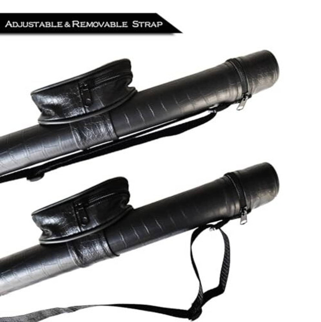 Adjustable removable strap on black pool cue case shown in side view