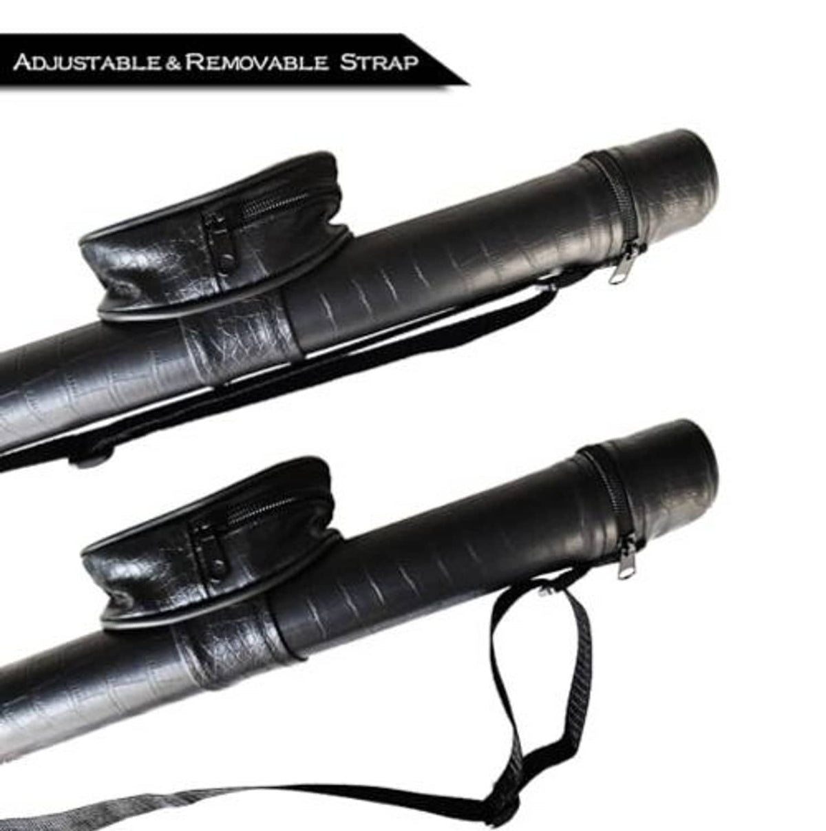 Adjustable removable strap on black pool cue case shown in side view