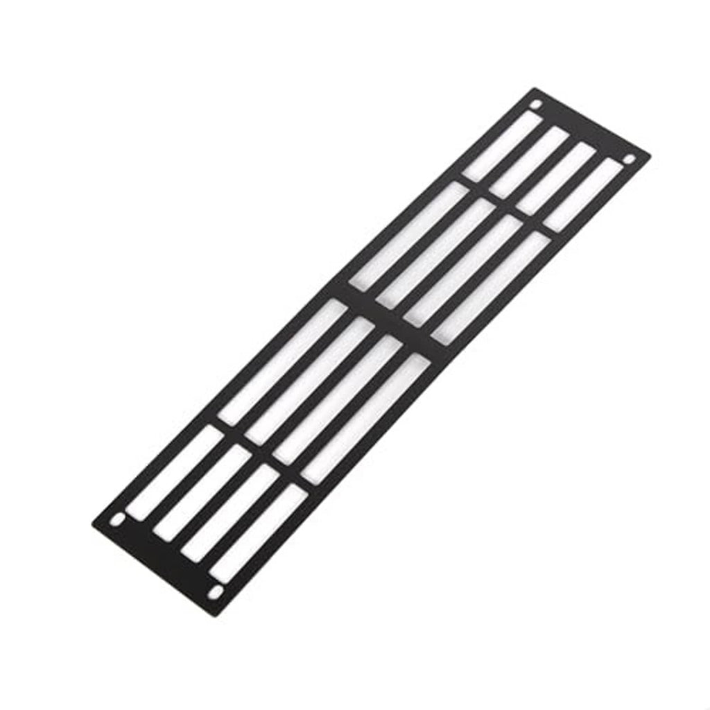 Black lower grille insert with long, narrow horizontal slats and two mounting corners