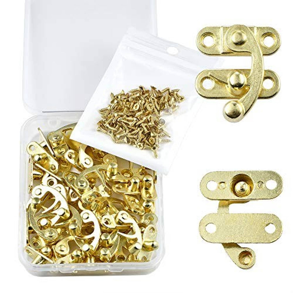 Antique gold jewelry box latch and hinge hardware with mounting screws in plastic case