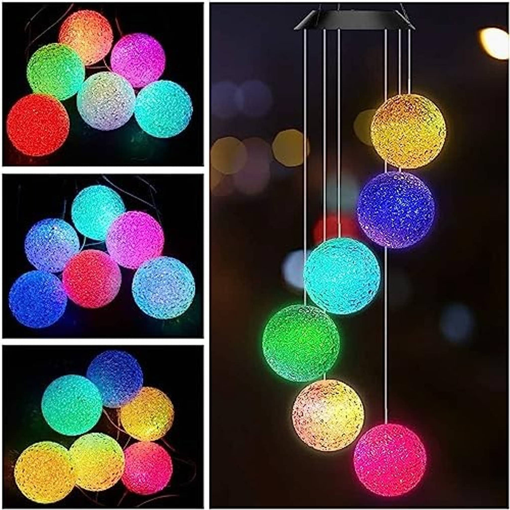 Color-changing solar wind chime with six glowing glitter crystal balls in multiple colors