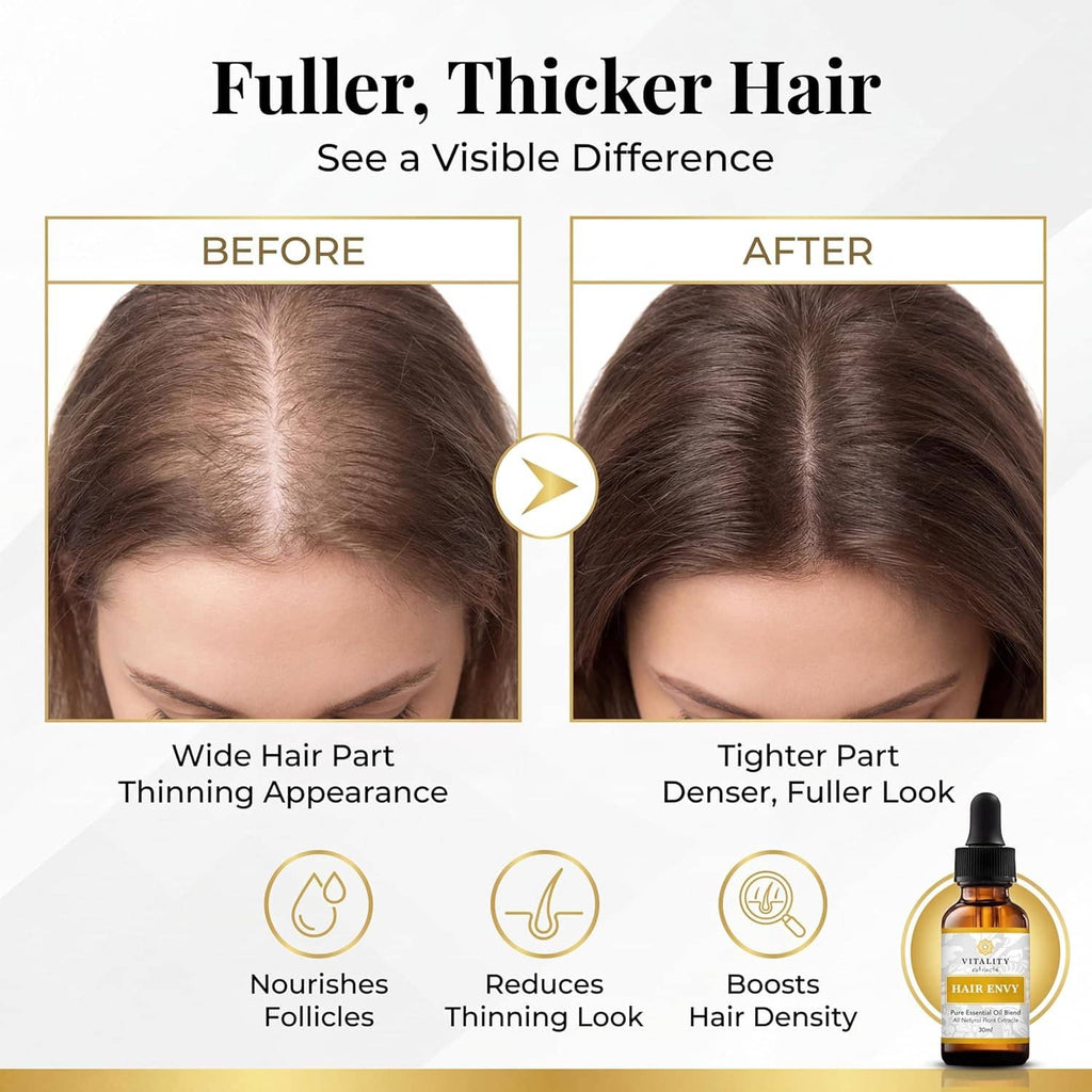 Hair serum bottle beside before-and-after scalp photos and hair density icons
