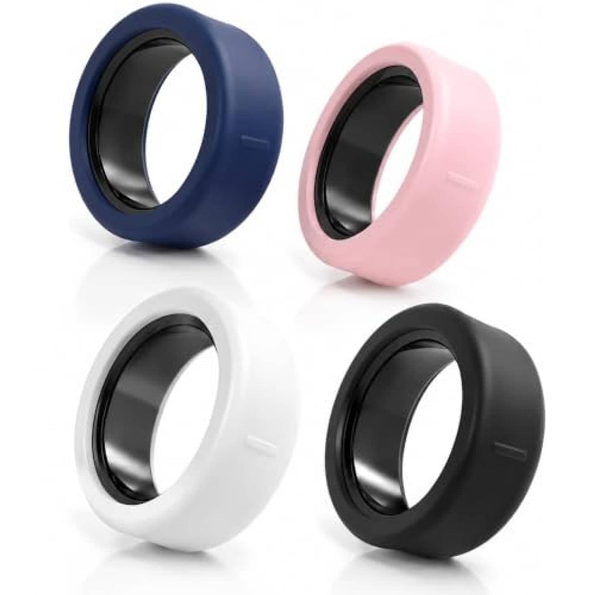 Four silicone ring covers in navy, pink, white, and black with snug protective fit