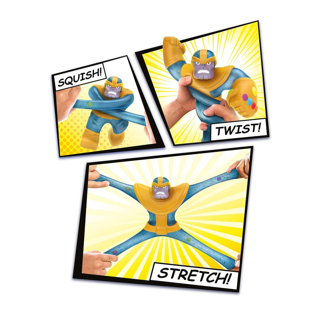 Thanos stretchy figure with three pose panels, blue-and-gold suit and yellow headgear