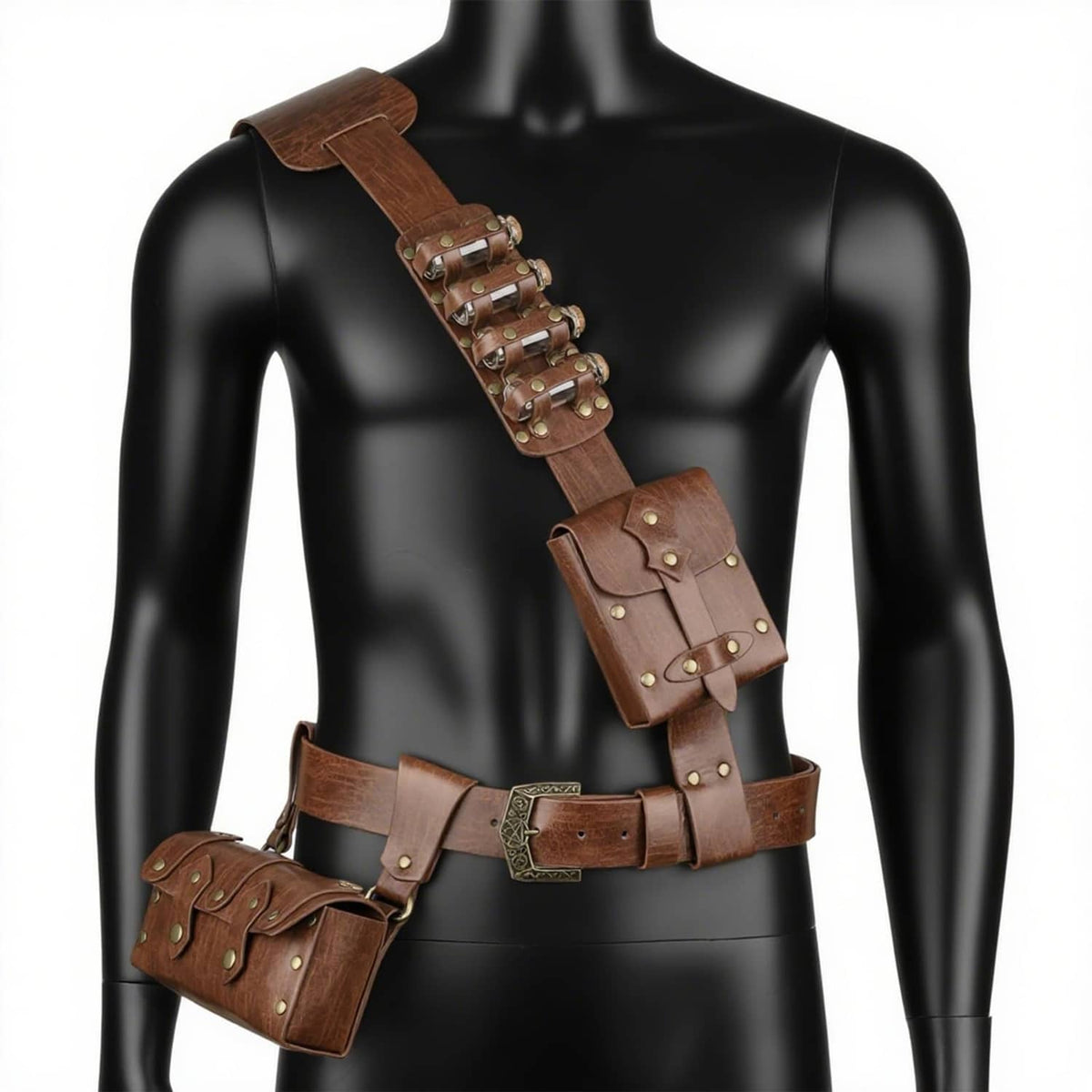 Brown leather baldric belt with studded shoulder strap, waist belt, and side pouch